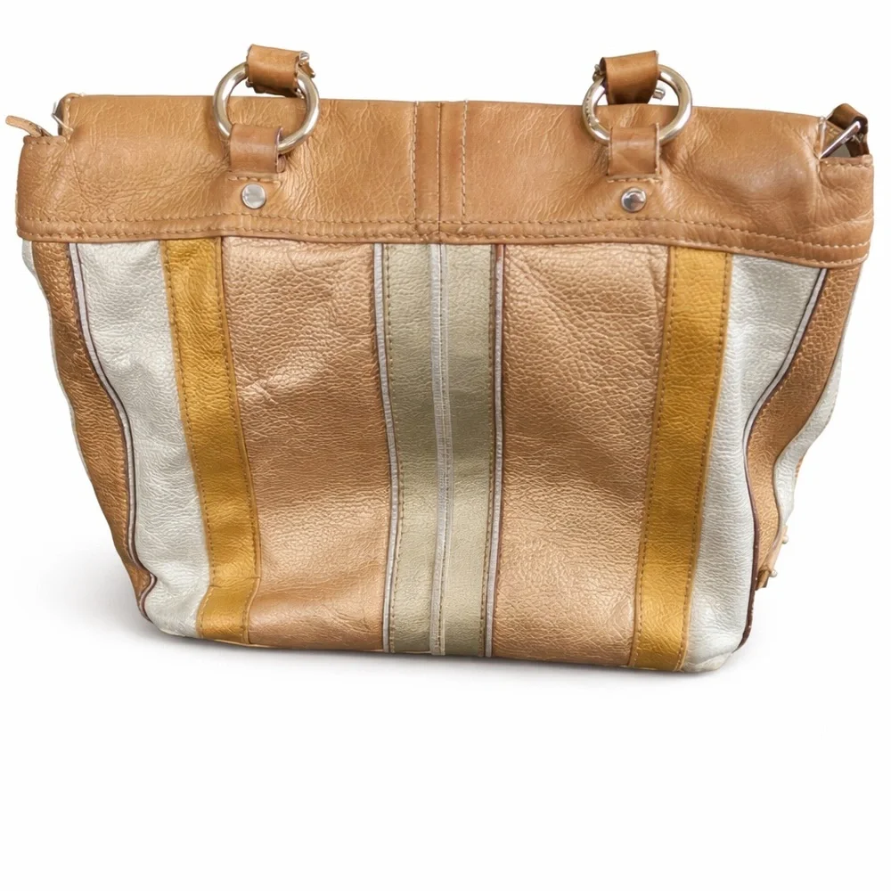 Tignanello Leather Tote Bag Brown Gold Silver Striped Shoulder Bag
